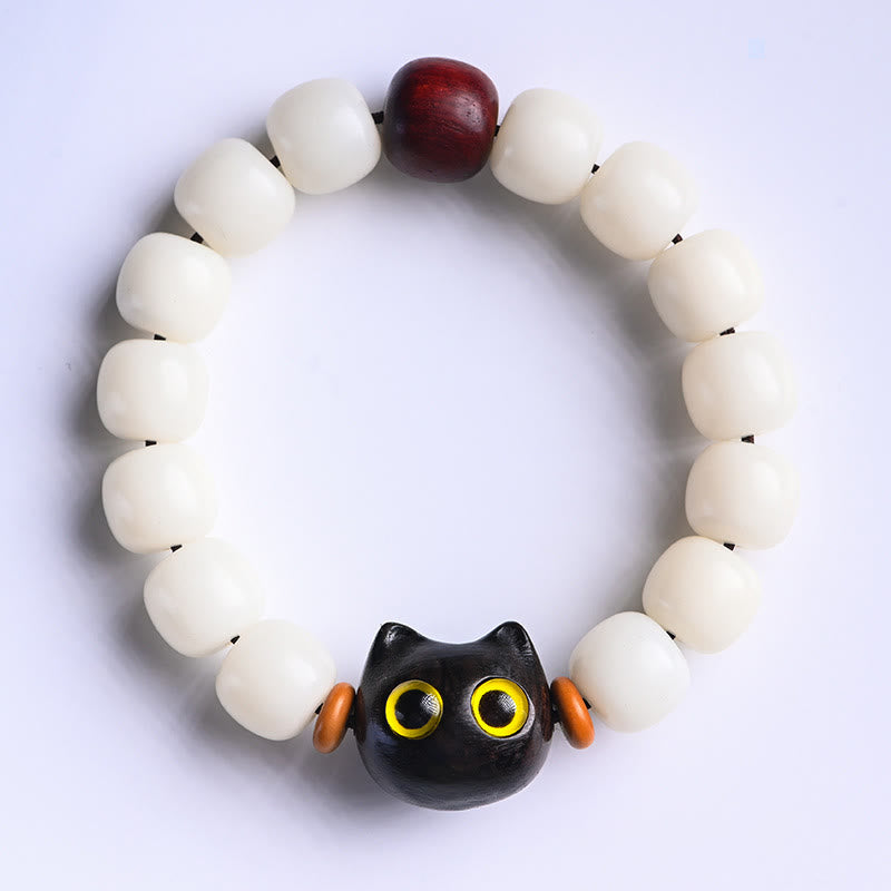 Buddha Stones Natural Bodhi Seed Small Leaf Red Sandalwood Ebony Wood Lucky Cat Wisdom Bracelet