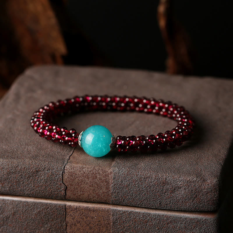 Garnet Protection Bracelet With Pink Crystal and Amazonite Beads