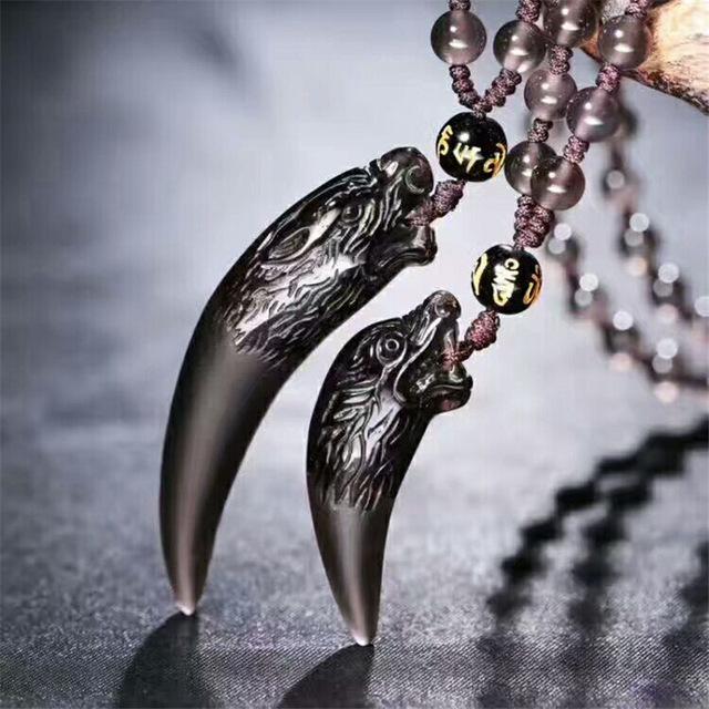 Ice Black Obsidian Wolf Fang Necklace