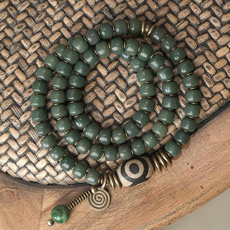 Cyan Bodhi Seed Dzi Bead Triple Wrap Bracelet