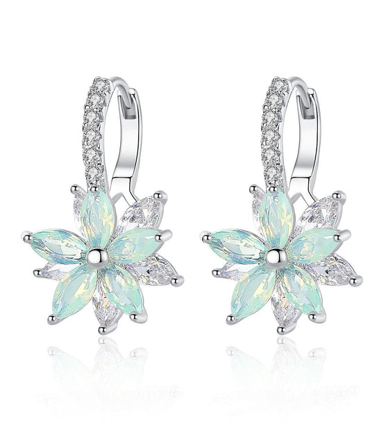 White Flower Zircon Copper Hoop Earrings