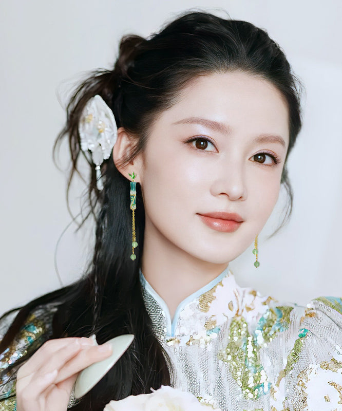 Chinese Style Green Sterling Silver Alloy Bamboo Jointtassel Drop Earrings