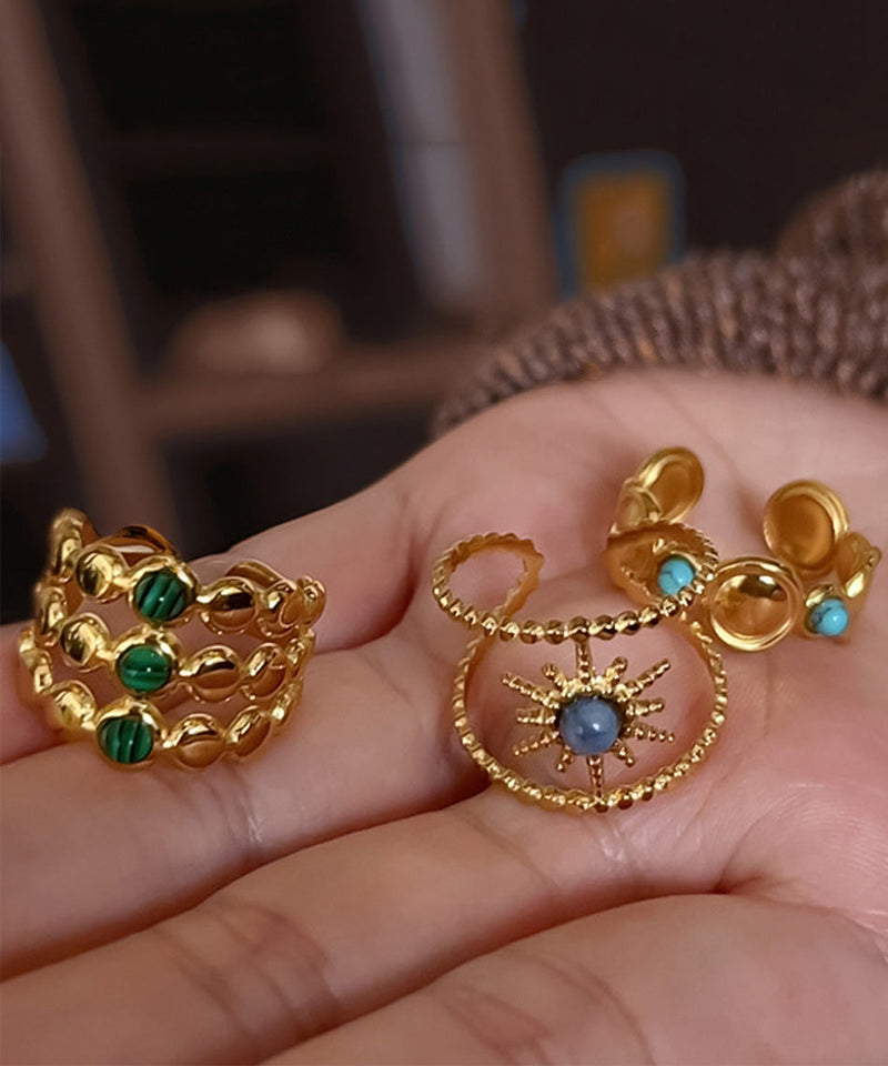 Gold Sterling Silver Overgild Turquoise Gem Stone Ring Three Piece Set Ring
