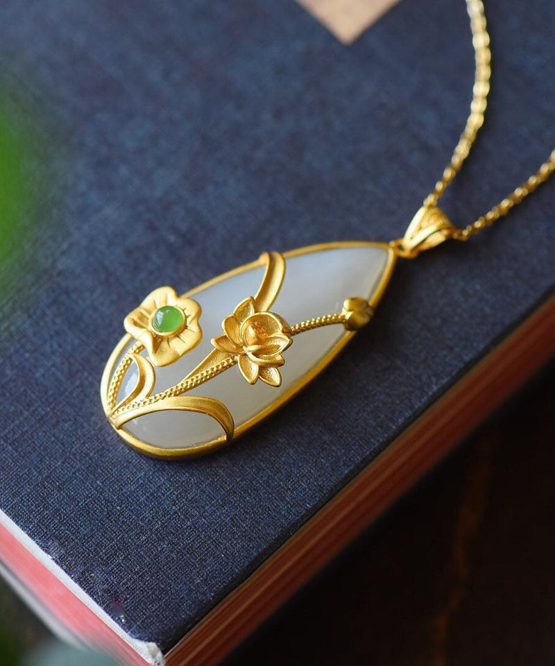 Gold Sterling Silver Overgild Inlaid Jade Lotus Water Dro Pendant Necklace