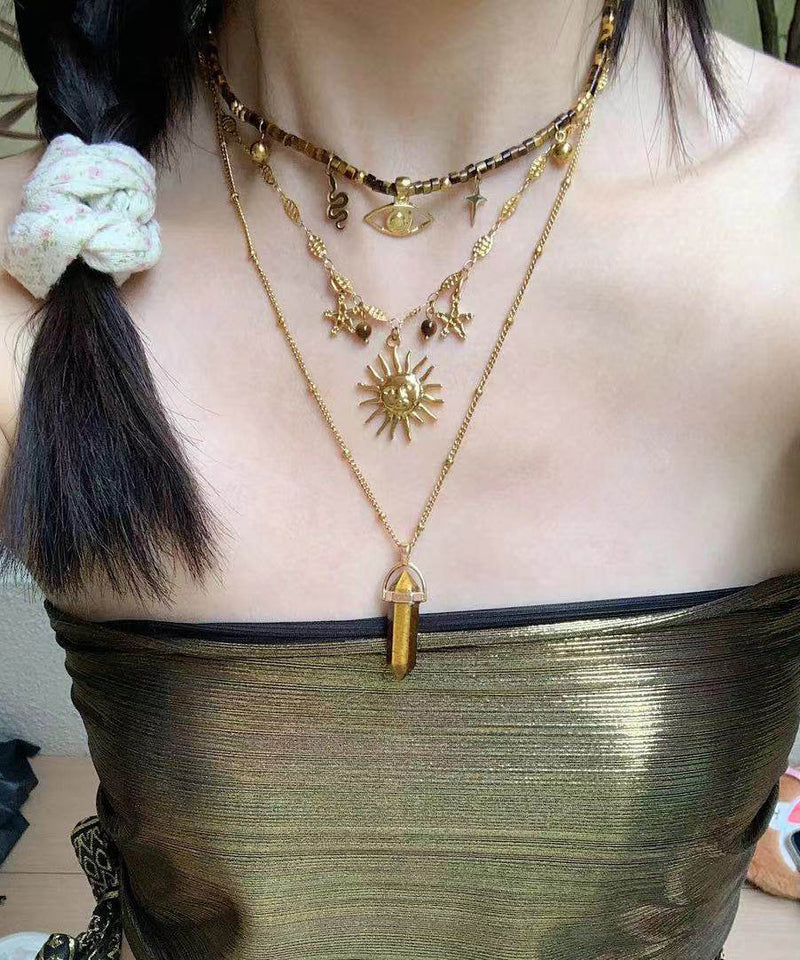 Brown Tiger's Eye Long Column Sun Layering Titanium Steel Four Piece Set Pendant Necklace