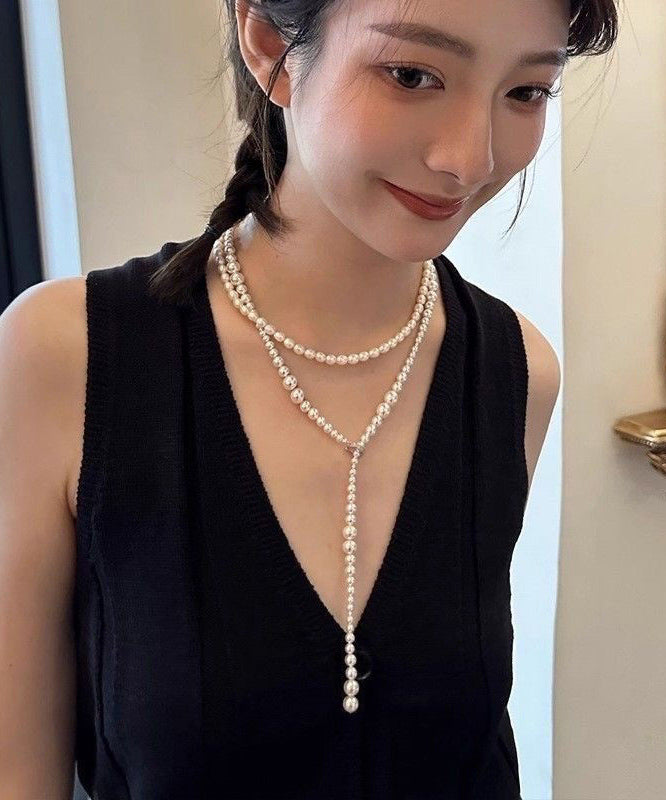 White Alloy Pearl Beading Sweater Gratuated Bead Necklace