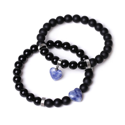 Buddha Stones 2pcs Black Onyx Crystal Stone Love Heart Protection Support Couple Bracelet