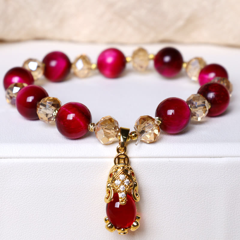 Buddha Stones Red Tiger Eye Pixiu Fox Protection Self Confidence Bracelet