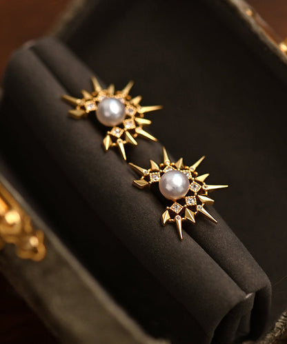 Original Design Sunflower Pearl Gold Plated Stud Earrings