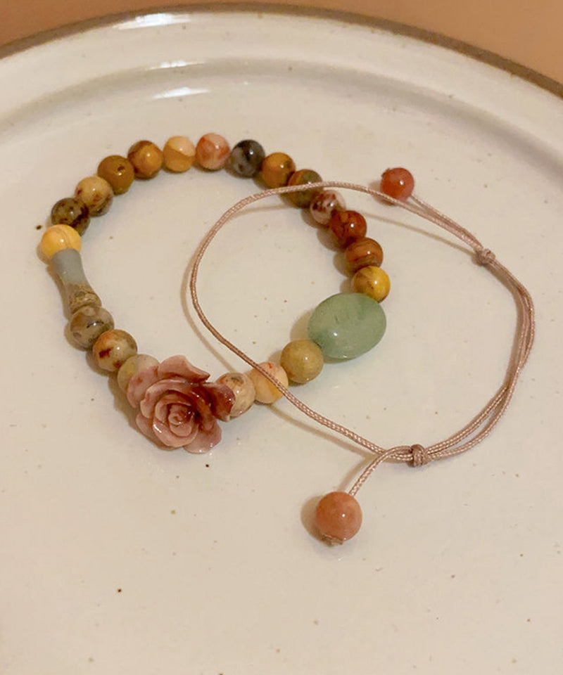 Unique Hand Knitting Rose Beading and Gem Stone Two Piece Set Bracelet