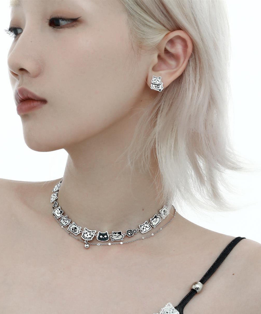 Silk Stainless Steel Graffiti Cat Double-layer Necklace