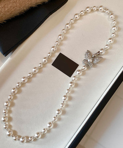 Classy White Copper Overgild Zircon Pearl Butterfly Gratuated Bead Necklace