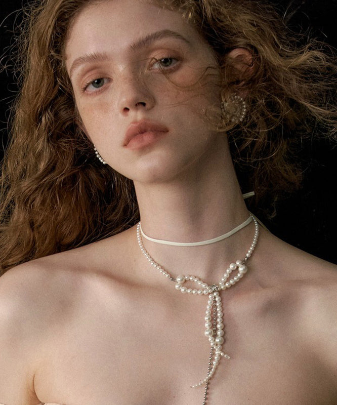 White Alloy Pearl Bow Chain Tassel Double Pendant Necklace