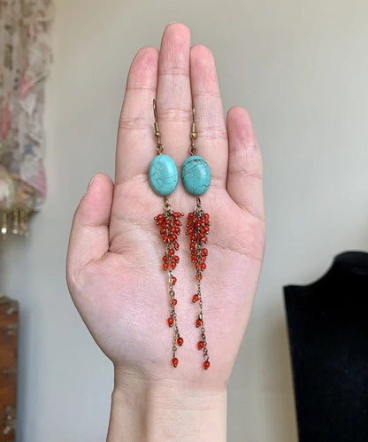 Red Sterling Silver Overgild Turquoise Pomegranate Tassel Drop Earrings