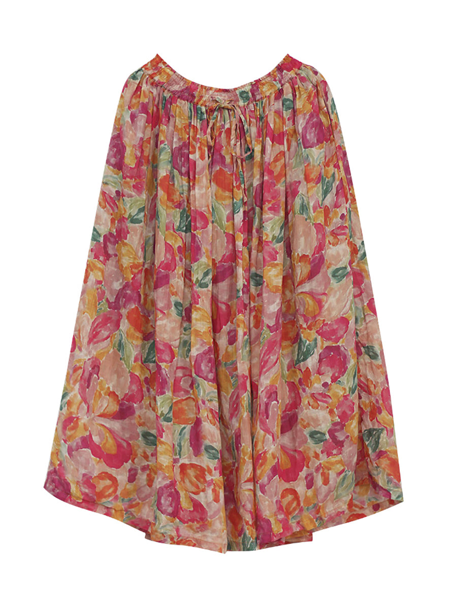 Summer Artsy Flower Drwastring Ramie Skirt