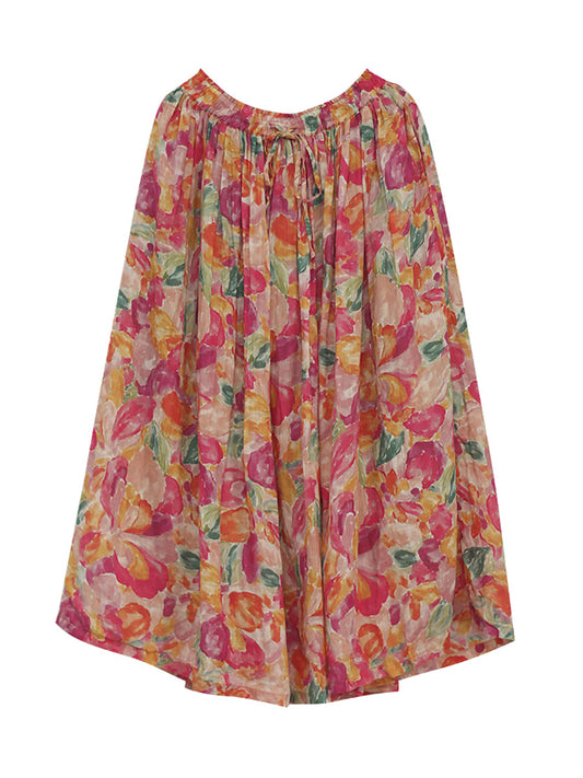 Summer Artsy Flower Drwastring Ramie Skirt