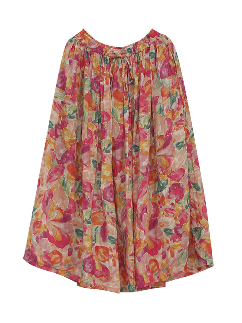 Summer Artsy Flower Drwastring Ramie Skirt