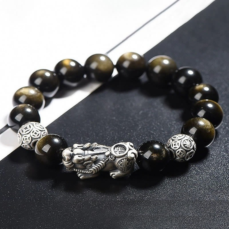 Buddha Stones 925 Sterling Silver Natural Gold Sheen Obsidian Pixiu Wealth Protection Bracelet