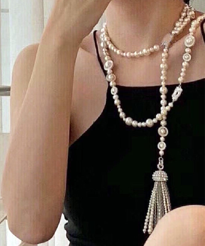 White Sterling Silver Zircon Double Layer Pearl Tassel Gratuated Bead Necklace