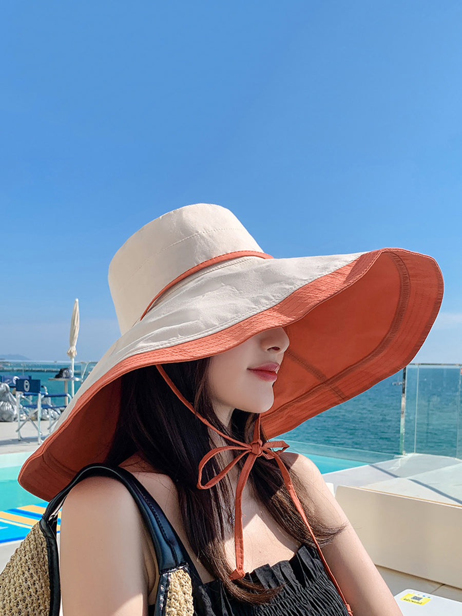 Colorblock Drawstring Travel Sunproof Hat