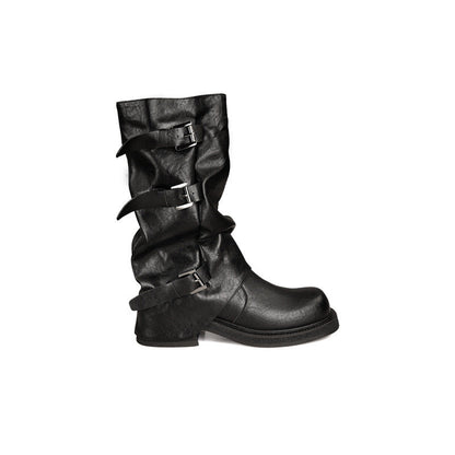Mom Belt Buckle Head Pleated Tube Boots