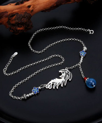 Blue Sterling Silver Tassel Cloisonne Enamel Phoenix Pendant Necklace