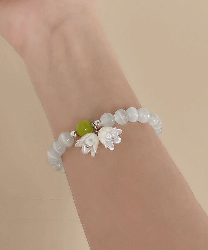 Diy White Cat's Eye Stone Lily of the Valley Beading Charm Bracelet