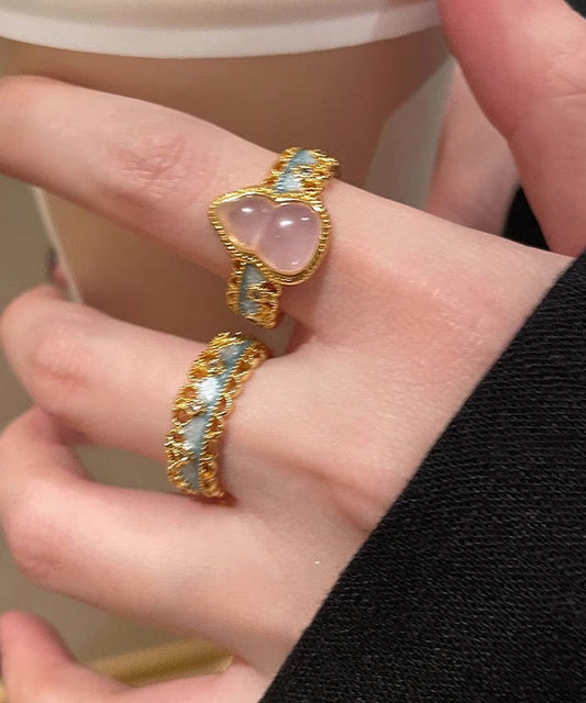 Retro Gold Sterling Silver Overgild Lace Gourds Open Rings Two-piece Set