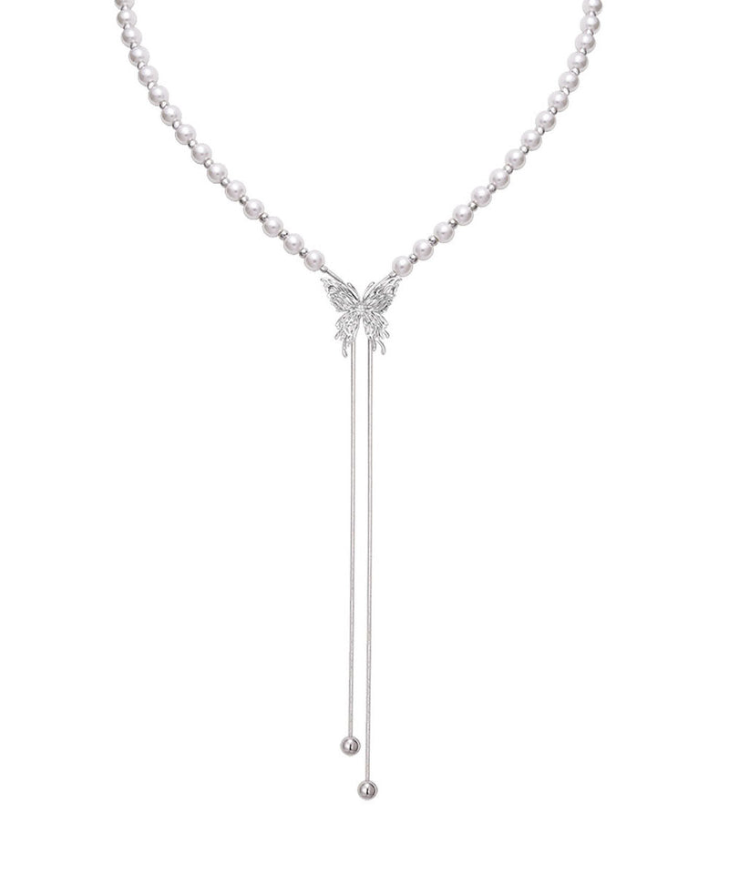Modern White Copper Overgild Pearl Butterfly Retractable Lariat Necklace