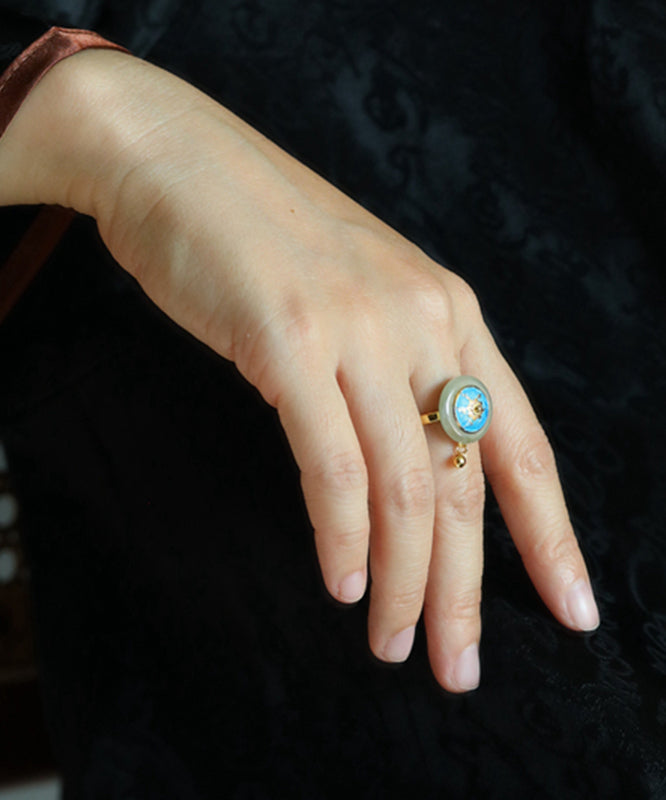 Gold Sterling Silver Overgild Jade Cloisonne Rotatable Rings