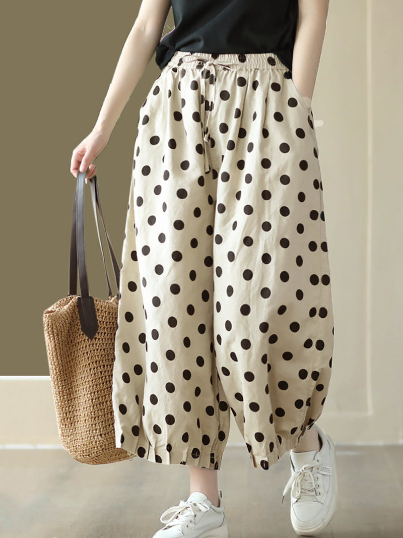 Dot Shirred Drawstring Linen Wide-leg Pants