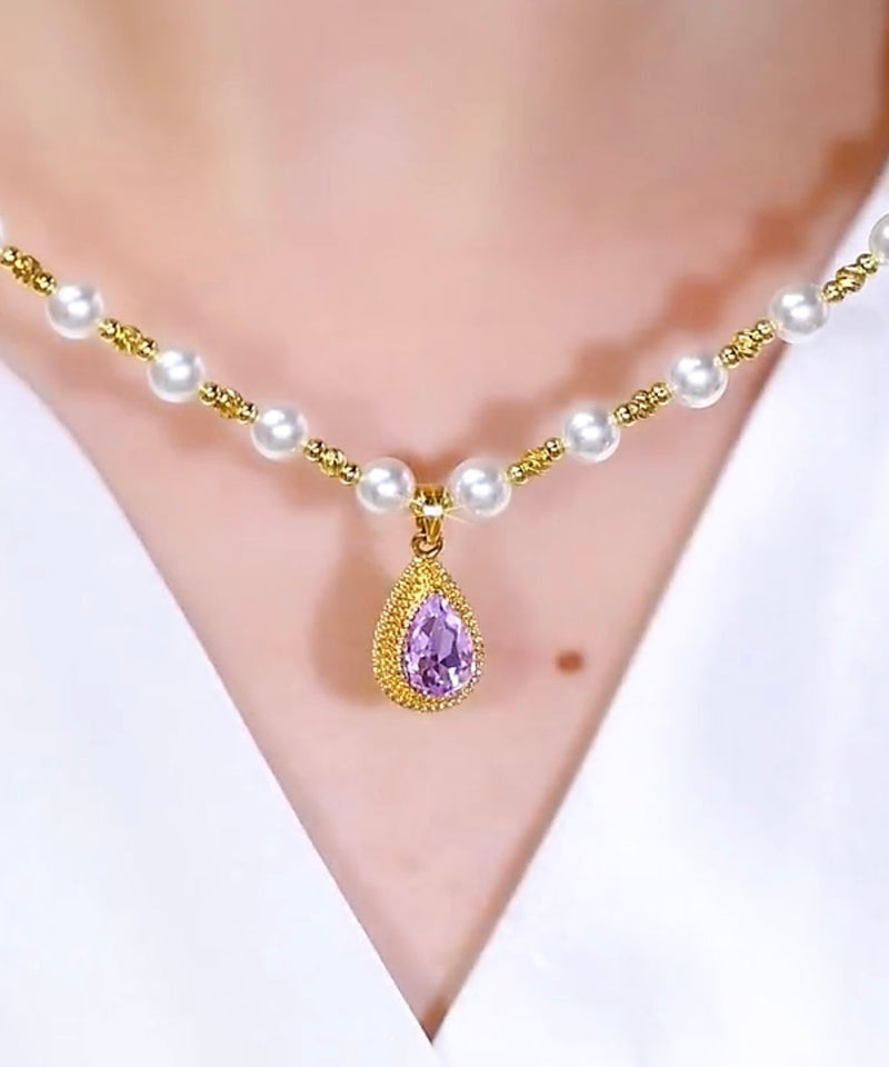 Purple Sterling Silver Overgild Pearl Water Drop Pendant Necklace
