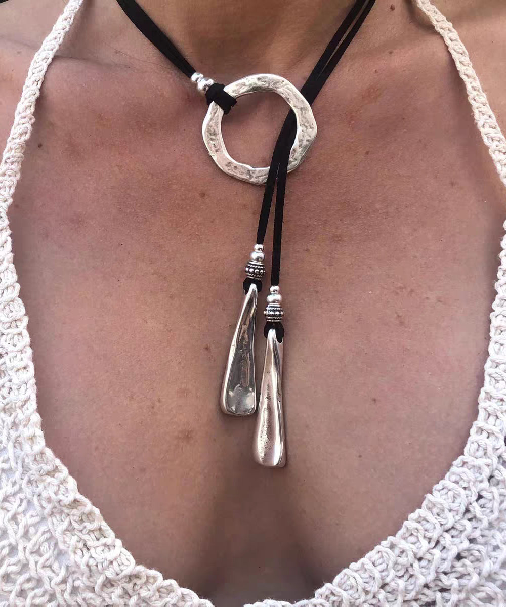 Silk Leather Alloy Pendant Necklace