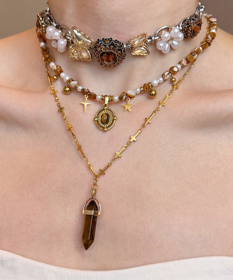Brown Tiger's Eye Pearl Butterfly Titanium Steel Three Piece Set Pendant Necklace