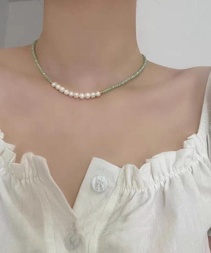 Original Design Light Green Stainless Steel Pearl Beading Crystal Gratuated Bead Necklace
