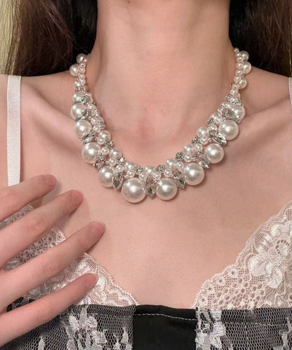White Alloy Zircon Pearl Beading Collar Necklace