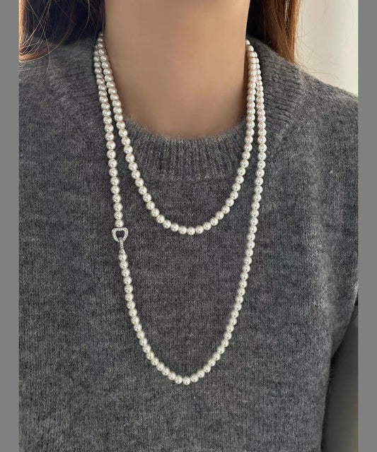 New White Alloy Double-layer Pearl Beading Lariat Necklace
