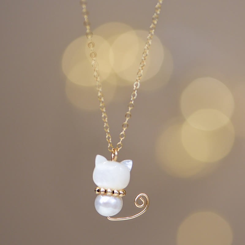 Buddha Stones 14k Gold Plated Pearl Hetian Jade Shell Luck Cat Kitten Necklace Pendant