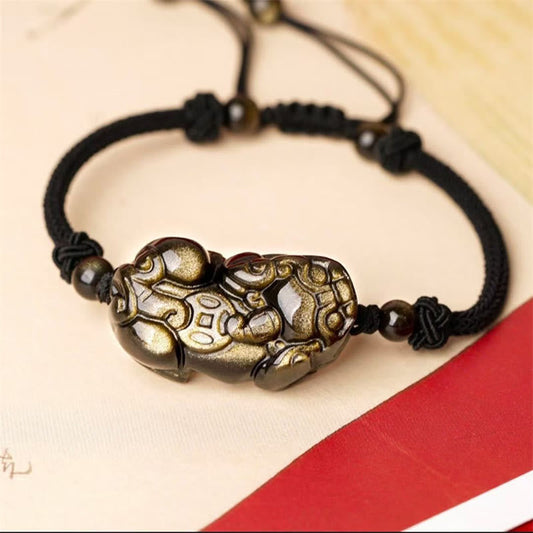 Buddha Stones Natural Obsidian Amethyst Citrine Pixiu Cooper Coin Wealth Bracelet