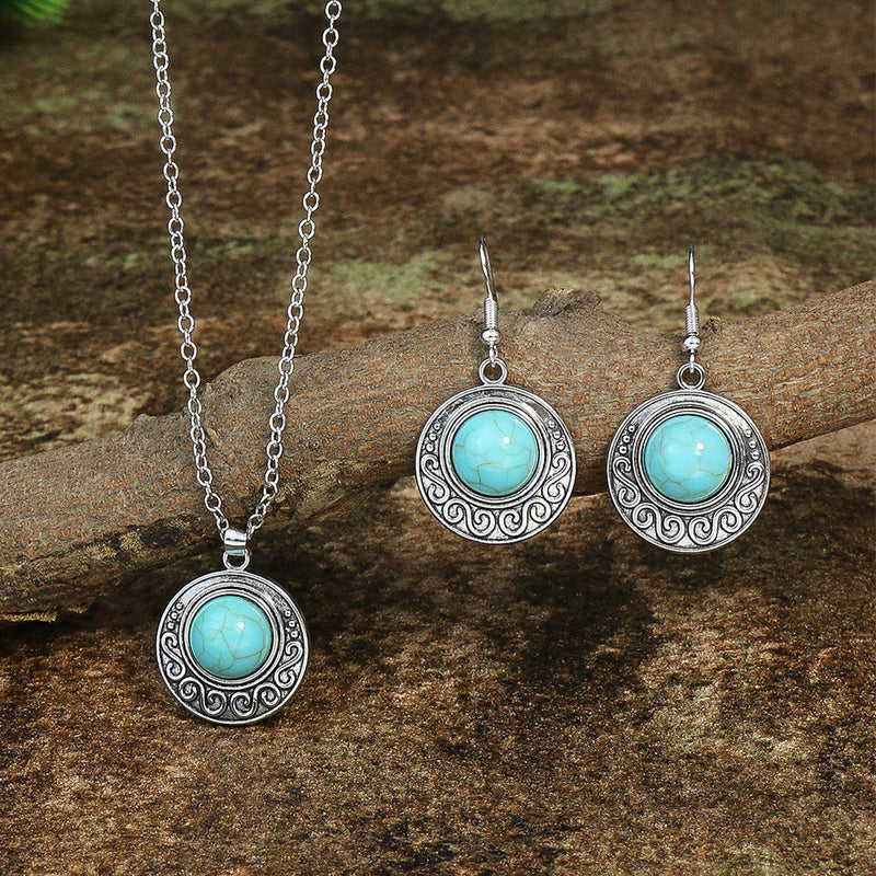 Court Geometric Carved Turquoise Diamond Earrings Necklace Set