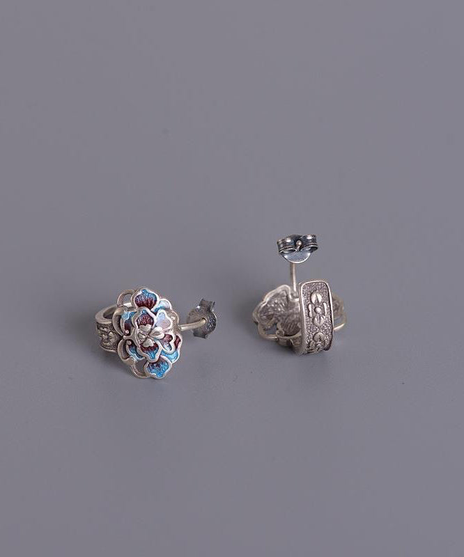 Silk Sterling Silver Cloisonne Peony Flower Stud Earrings