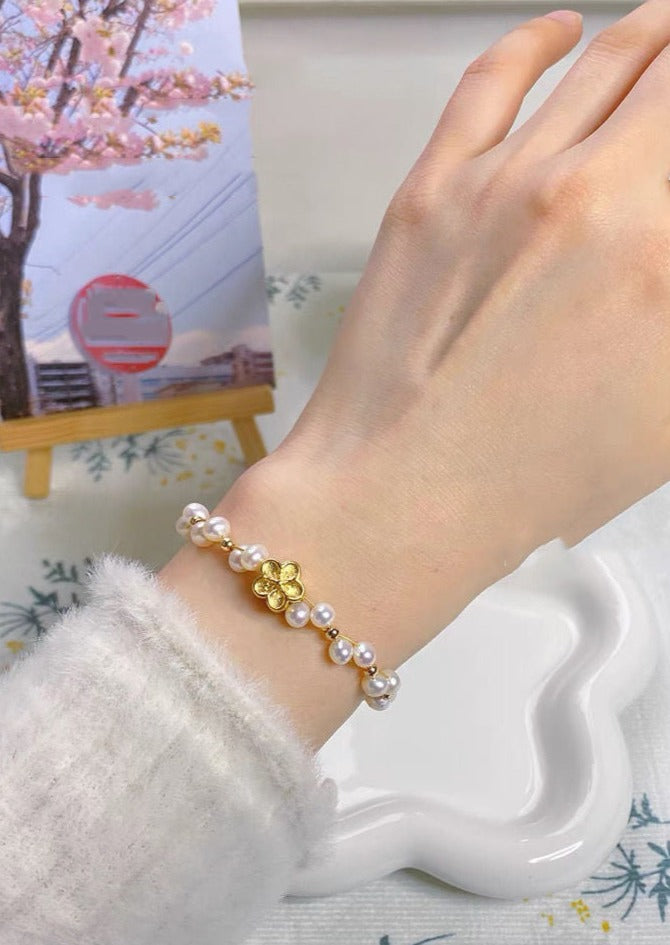 Fine White 14k Gold Pearl Woven Chain Bracelet