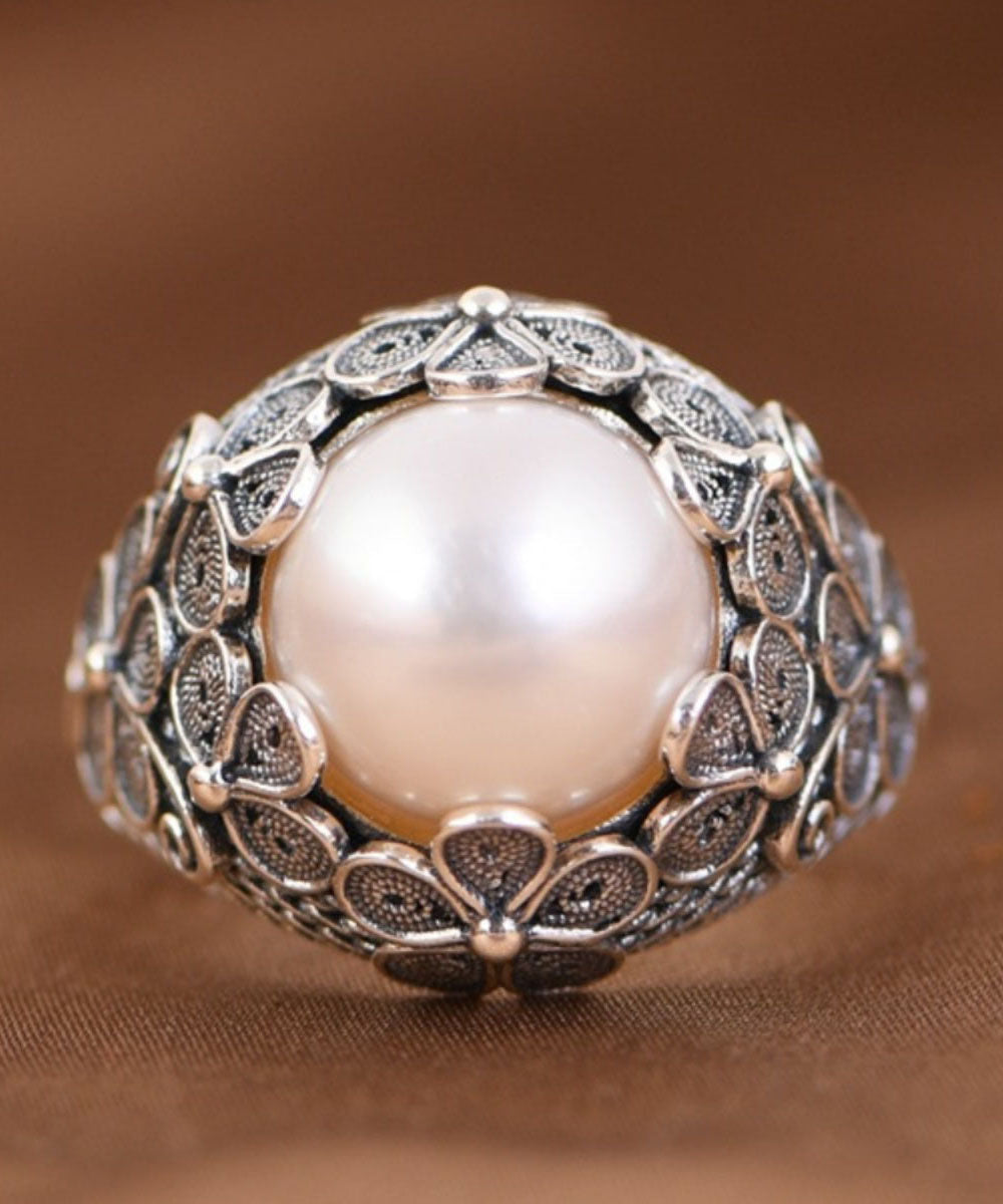 Handmade Silk Sterling Silver Inlaid Pearl Rings