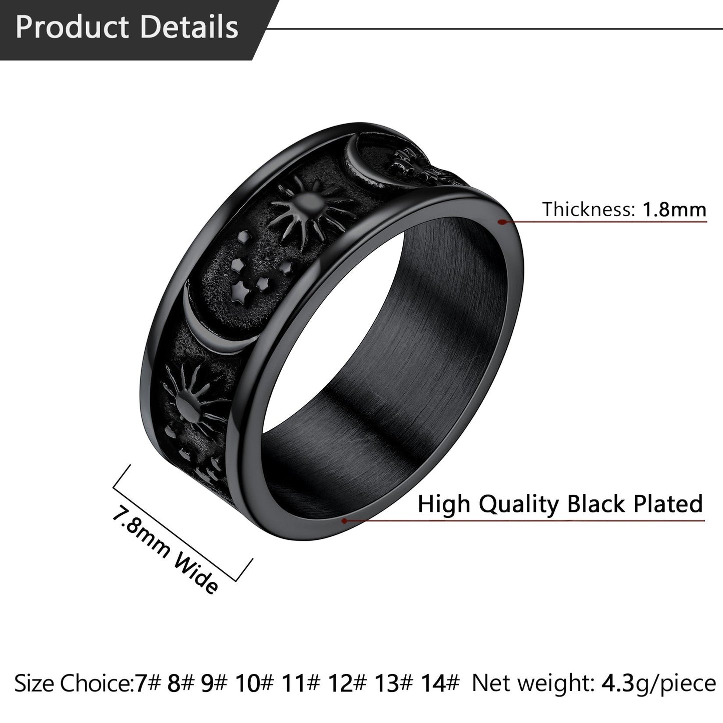 Stainless Steel Sun Moon Star Band Ring for