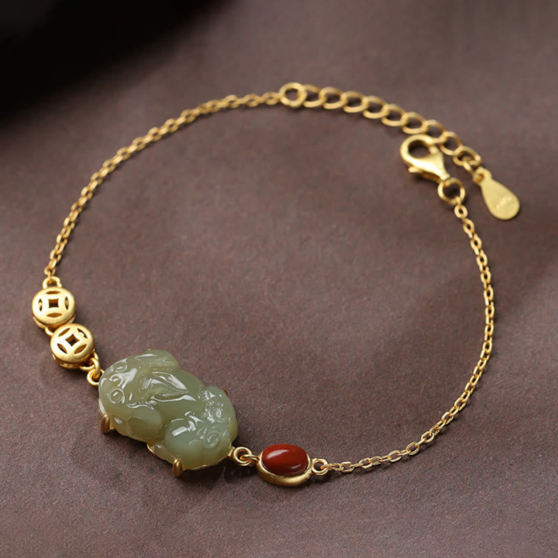 Buddha Stones Cyan Jade Pixiu Copper Coin Red Agate Success Chain Bracelet