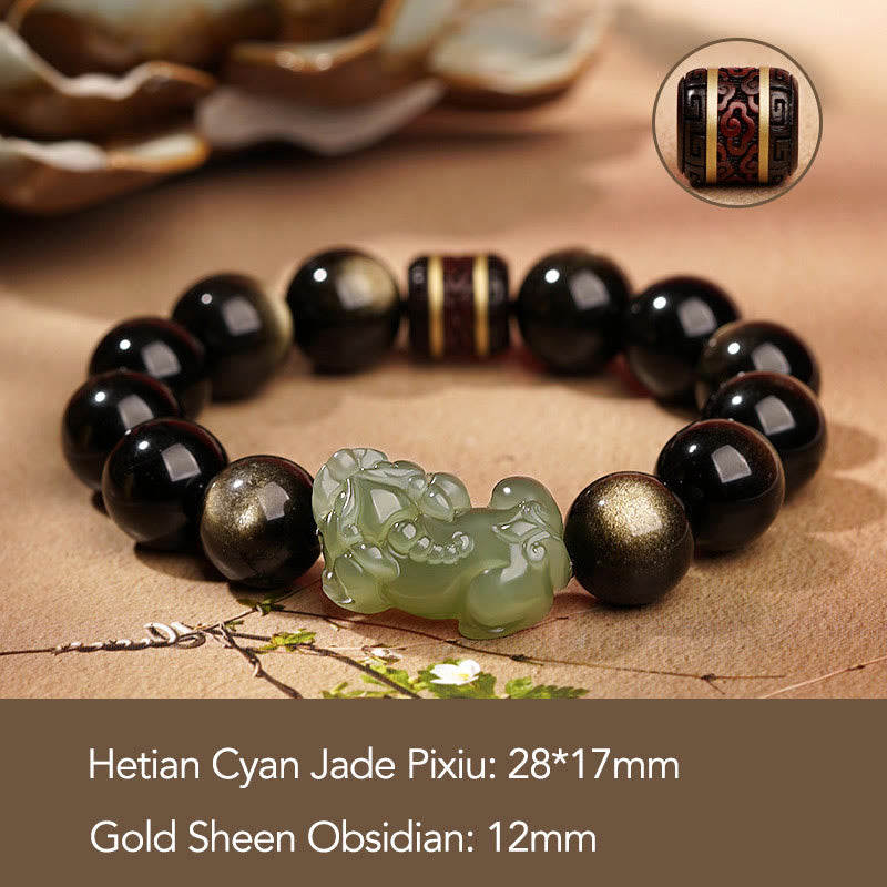 Buddha Stones Natural Gold Sheen Obsidian Hetian Cyan Jade White Jade Pixiu Wealth Bracelet