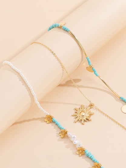 3pcs Sun & Faux Pearl Beaded Necklace