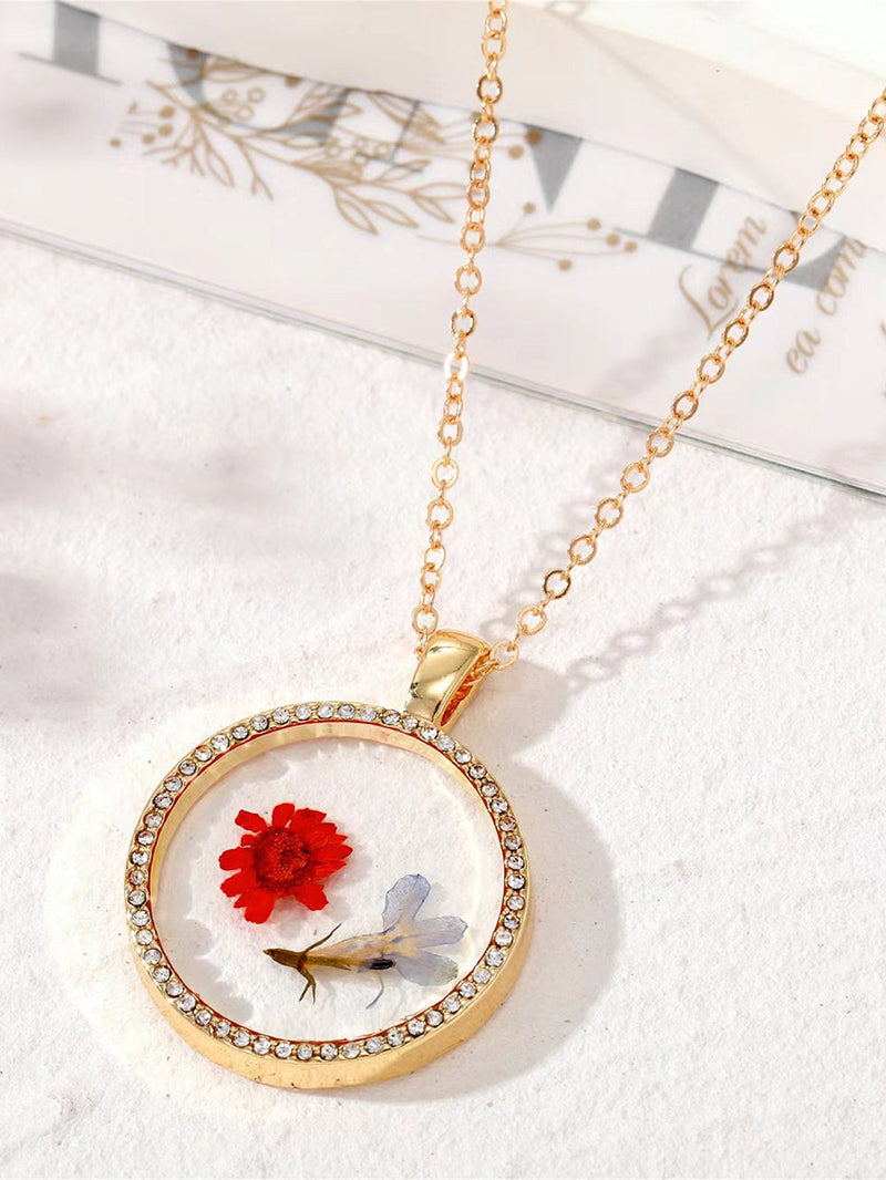 Resin Pressed Flower Necklaces - Rhinestone Birth Month