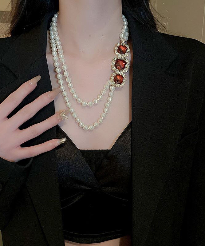 Red Alloy Zircon Bilayer Pearl Graduated Bead Necklace