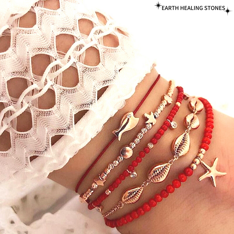 Shell Red Beaded Anklet Set